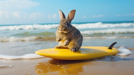 Canvas Print - A cute rabbit surfer enjoys a fun-filled summer day at the beach, riding waves with enthusiasm, Ai Generated.