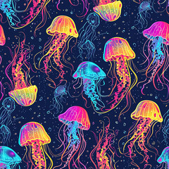 Wall Mural - Jellyfish colorful cartoon underwater repeat pattern artsy pop art, medusa repetitive