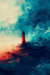 An abstract portrait of a red lighthouse standing among waves.