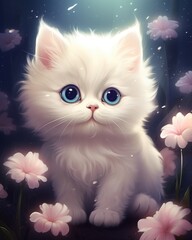 Wall Mural - Cute Kitten Sitting on Lush Green Field with Flowers