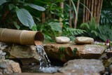 Fototapeta  - Bamboo Water Feature in a Lush Zen Garden