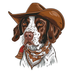 Brittany Spaniel Dog Head wearing cowboy hat and bandana around neck