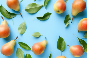 Canvas Print - Blue background with fresh pears and leaves