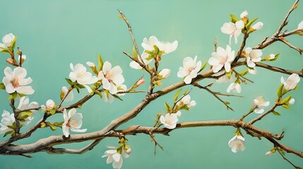 branches of blossoming almonds on green background, generative ai,