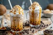Asian cold coffee with tapioca balls whipped coconut cream and caramel sauce