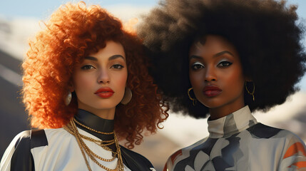 Portrait of two beautiful women with impressive afro hair dressed in glamorous retro style, posing in the style of an advertising campaign, fashion magazine. Ai generated