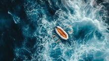 Aerial View Of A Lifeboat In Rough Sea. Dynamic, Vibrant Ocean Scene For Dramatic Impact. Ideal For Adventure Themes. AI