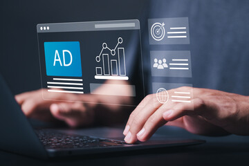 Wall Mural - digital marketing commerce online sale. businessman use laptop with virtual advertising on website. 