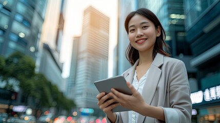 Wall Mural - Smiling young Asian business woman leader entrepreneur, professional manager holding digital tablet using software applications standing on the street in big city on sky background - generative ai