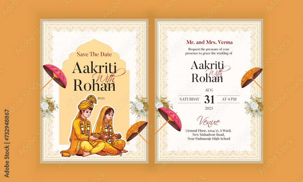 Traditional Royal Wedding Invitation card design with bride and groom ...