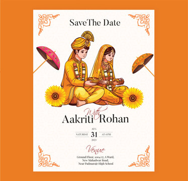 Traditional Royal Wedding Invitation card design with bride and groom illustration in Yellow