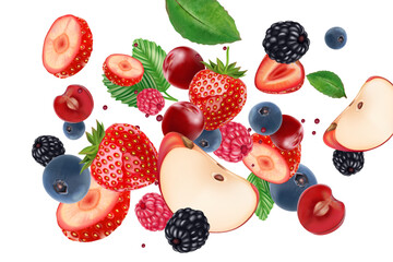 Poster - Mix berries fruits splashing of Tropical fruits isolated on white background. Realistic vector in 3D illustrations. Food and drink concepts.
