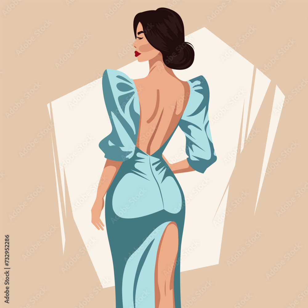 Vector flat fashion illustration of a young sexy woman in an elegant ...