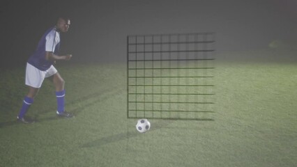 Wall Mural - animation of data processing over african american male football player kicking ball on field