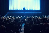 Fototapeta  - Bustling scene of crowded auditorium filled with eager audience all facing prominent stage set for significant event or performance dynamic setting captures of public engagement and entertainment