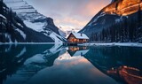 Fototapeta Natura - Stunning blue hour shot of a boat house on a crystal clear winter morning at a Lake