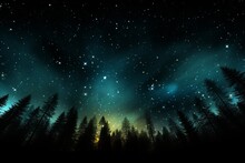 Above A Serene Forest, The Starry Night Sky Shimmers With Celestial Brilliance While Vibrant Auroras Dance, Painting The Heavens With A Mesmerizing Display Of Nature's Ethereal Beauty.