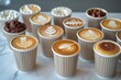 Set of paper take away cups of different coffee latte or cappuccino