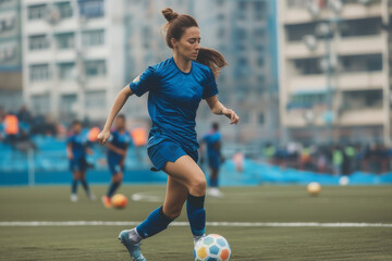 Young female soccer player kicking ball