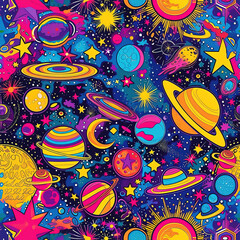 Wall Mural - Space and planets colorful minimal cartoon pop art repeat pattern