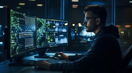 Wall Mural - focused male software engineer analyzes data server and blockchain network in state-of-the-art monit