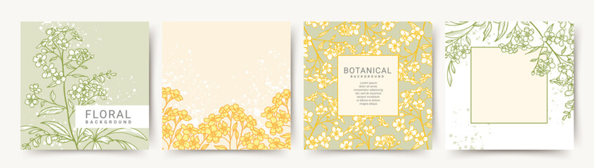 Spring Flowers Background. Floral Botanical elements in line art style and texture. Editable vector templates for card, banner, invitation, social media, poster, web advertising, cover, packaging