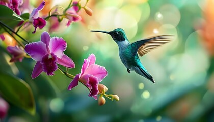 Poster - a hummingbird flying over a bunch of purple flowers