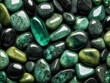 Beautiful illustration background of round black and green stones, top view. Generative AI.