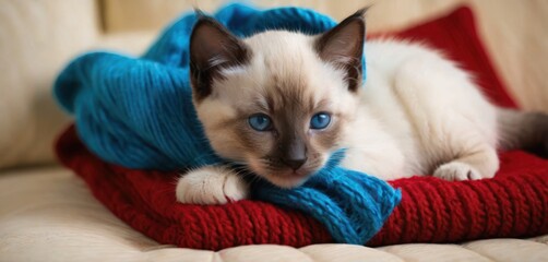 a siamese cat with blue eyes laying on a red and white blanket and wearing a blue knitted sweater.