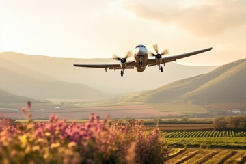 Wall Mural - A plane flying over a vineyard field. Generative AI.