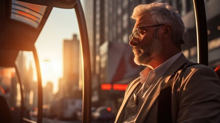 Wall Mural - A man with glasses and a beard sitting on a bus. Generative AI.