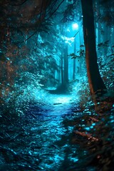 Wall Mural - a path in the woods lit up with blue lights