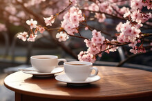 Two Mugs Of Coffee With Cappuccino Foam And Croissants On A Table In An Outdoor Cafe In Spring	

