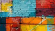 a brick wall painted with multicolored paint