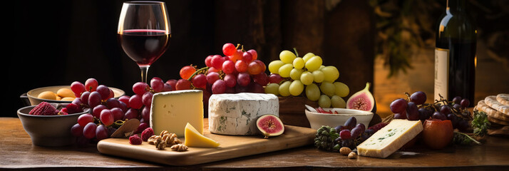 food composition in a dark key. Cheese, wine, grapes on food composition in a dark key. Cheese, wine, grapes on a dark background banner. the mood of Italy. wine and cheese tasting