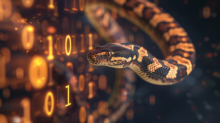 Python snake and coding numbers on a screen to represent Python computer language
