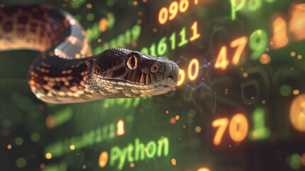 Python snake and coding numbers on a screen to represent Python computer language