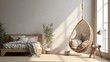 A hanging hammock chair as an unconventional seating choice in a minimalist bedroom