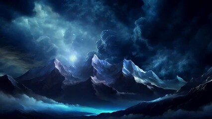 mountain with dark blue clouds and shining sun.