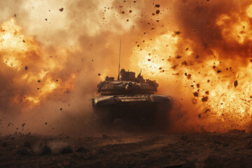 Militaristic power display with tank explosion. Warfare and conflict.