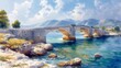 Watercolor painting of old stone bridge