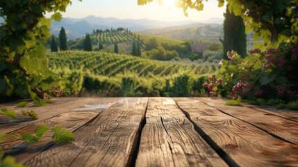 An empty wooden table for product display. Blurred french vineyard in the background