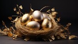 Fototapeta Tulipany - Colorful Easter eggs on a dark gray background. Gold and silver eggs are in the nest. Rich decor for the holiday.