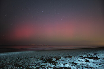 Wall Mural - Aurora borealis or northern lights with purple colors over sea, seen from a snowy coast