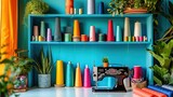 Fototapeta Paryż - A vibrant sewing corner adorned with colorful cones of thread, potted plants, and a stylish sewing machine.