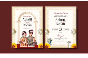 Wall Mural - Traditional Royal Wedding Invitation card design with Bride and Groom Welcoming illustration	