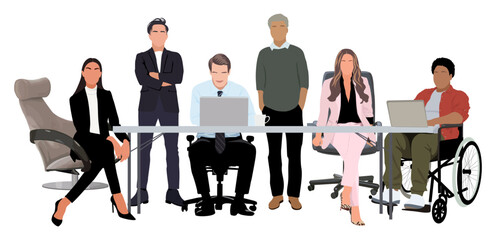 Business meeting and team work. Diverse group of people, entrepreneurs, or office workers working together. Inclusive business concept. Cartoon realistic vector illustration isolated.