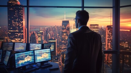 Sticker - A man in a suit looking out at a cityscape with multiple monitors. Generative AI.