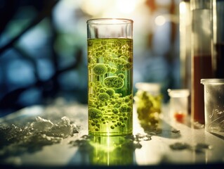 Poster - A glass of green liquid sitting on a table. Generative AI.