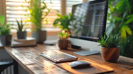 A warm and inviting coding workspace at home, featuring a computer with code on the screen and a collection of fresh potted plants.